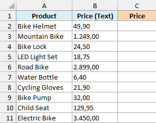 Bike supplier price list with European-format prices stored as text