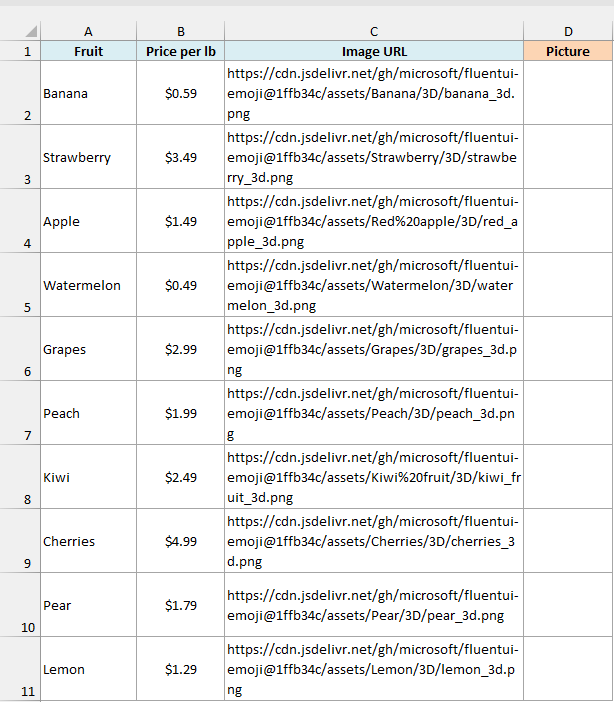 Fruit stand price list with each fruit's price per pound and an image URL in column C, with an empty Picture column D