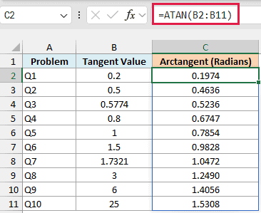 ATAN formula returning the arctangent of each value in radians