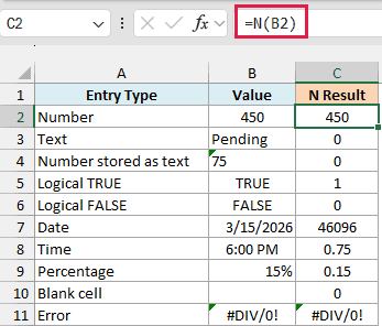 N function results for each kind of value, from 450 to 0, 1, a date serial number, and #DIV/0!