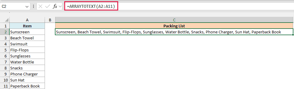 ARRAYTOTEXT formula joining the packing list items into one cell