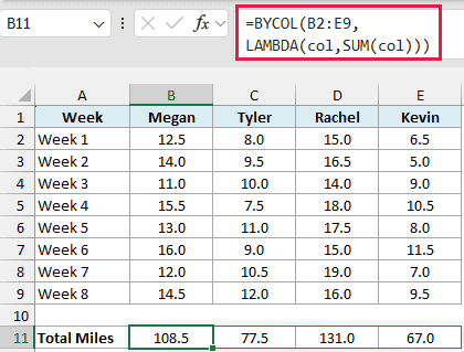 BYCOL formula with LAMBDA and SUM returning the total miles for each runner in row 11