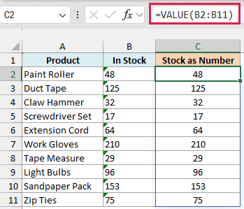 VALUE function in Excel converting text stock counts into numbers with =VALUE(B2:B11)
