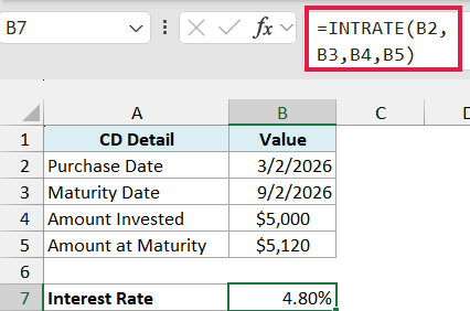 INTRATE formula returning a 4.80% yearly interest rate for the CD