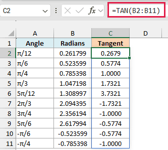 TAN formula returning the tangent of each angle in radians