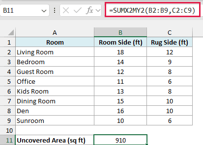 SUMX2MY2 formula returning 910 square feet of uncovered floor