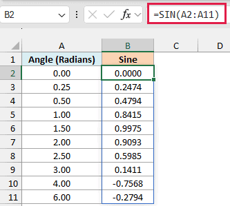 SIN formula returning the sine of each angle in radians