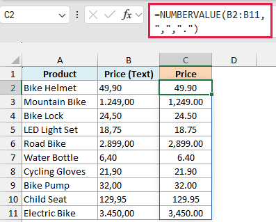 NUMBERVALUE formula converting European-format prices into numbers