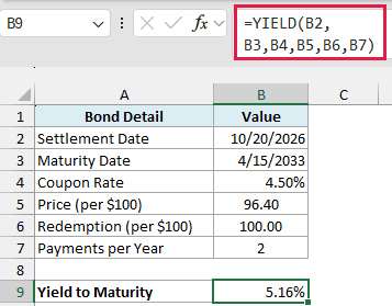 YIELD formula returning the yield to maturity of the bond