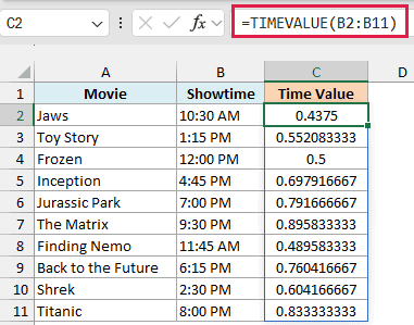 TIMEVALUE formula converting text showtimes into decimal time values in Excel
