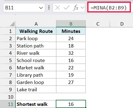 MINA returns the shortest recorded walking time of 16 minutes.