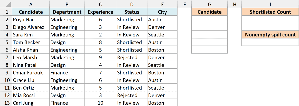 Excel applicant table with Status in column D and spaces for a filtered name list and counts.