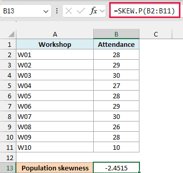 Excel workshop attendance with the SKEW.P formula and population skewness result