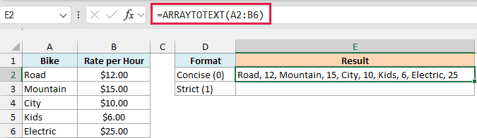 ARRAYTOTEXT concise format returning the bike table row by row