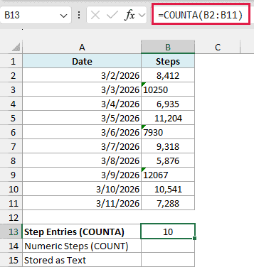 =COUNTA(B2:B11) returns 10 filled step entries, including the step counts stored as text.