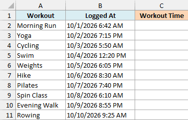 Workout log with text date and time stamps in Excel