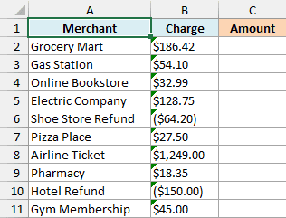 Credit card charges stored as text with dollar signs, commas, and refunds in brackets