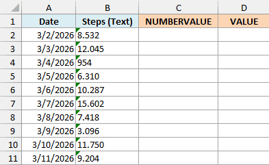 Daily step counts stored as text with a period as the thousands separator