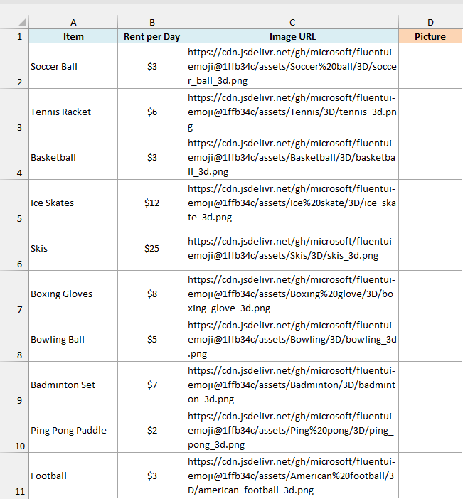 Sports gear rental list with the rent per day and an image URL for each item, with an empty Picture column D