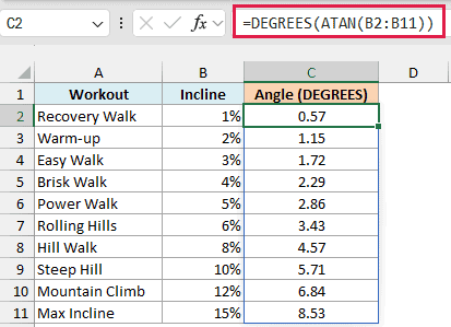 DEGREES and ATAN formula converting treadmill inclines to angles in degrees