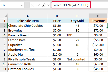 Revenue formula using N to treat text and blank quantities as zero