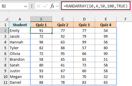 RANDARRAY returning random whole-number quiz scores between 50 and 100 for every student and quiz