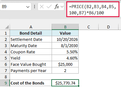 PRICE formula scaled by the face value to get the dollar cost of the bonds