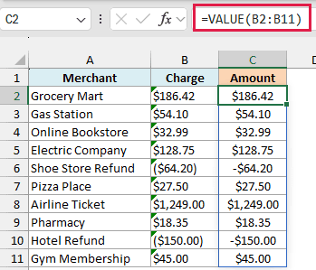 VALUE formula converting currency text into amounts, with bracketed refunds returned as negative numbers