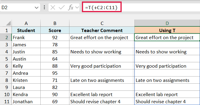 T formula with a plus sign spilling the comments, with blanks for students without a comment