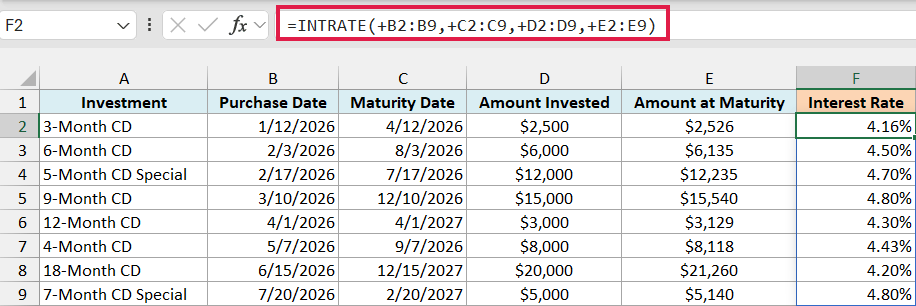 INTRATE formula with a plus sign before each range spilling the interest rate of all eight CDs