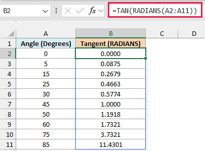 TAN with RADIANS returning the tangent of angles in degrees