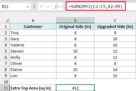 SUMX2MY2 formula returning 412 square inches of extra cake top
