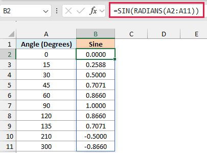 SIN with RADIANS returning the sine of angles in degrees