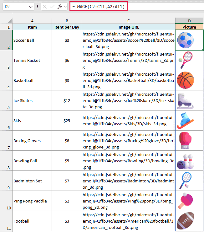 IMAGE formula with item names as alt text shows a picture of each piece of sports gear in column D