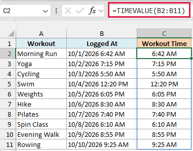 TIMEVALUE formula extracting only the time from text date and time stamps