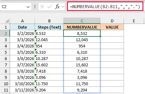 NUMBERVALUE formula converting step counts like 8.532 into 8,532