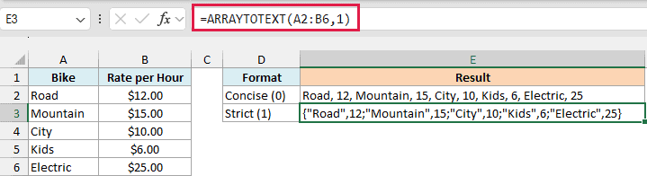 ARRAYTOTEXT strict format returning the bike table as an array constant