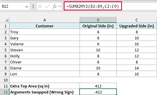 SUMX2MY2 with the ranges swapped returning -412