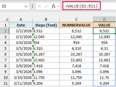 VALUE formula misreading step counts like 8.532 as decimals