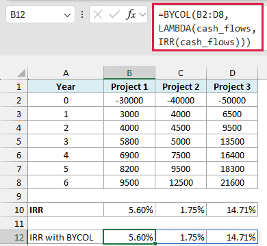 A single BYCOL formula calculating the internal rate of return of all three projects at once and spilling the results across.