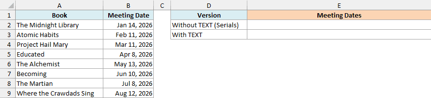 Book club schedule with meeting dates and empty result cells
