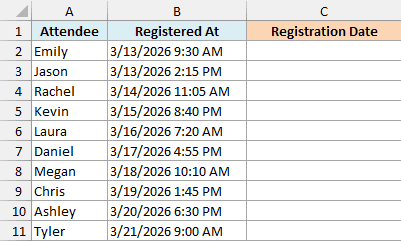 Webinar sign-up timestamps stored as text in Excel