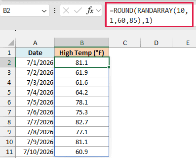 ROUND and RANDARRAY giving a random high temperature between 60 and 85 with one decimal place