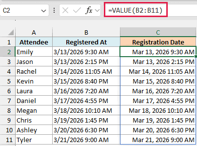 VALUE function converting text timestamps into real Excel date-times