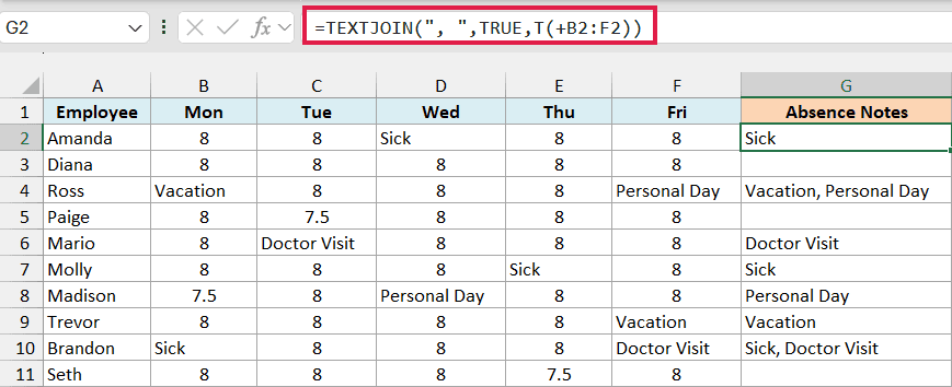 TEXTJOIN and T listing only the absence reasons for each employee