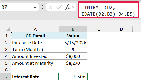 INTRATE formula using EDATE to get the maturity date from the term, returning 4.50%