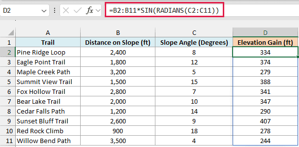 SIN formula calculating the elevation gain for each trail section