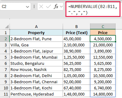 NUMBERVALUE formula converting Indian-format prices into numbers