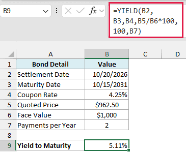 YIELD formula converting the $1,000 price to a price per $100