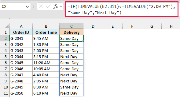 IF and TIMEVALUE formula marking orders placed by 2 PM as Same Day